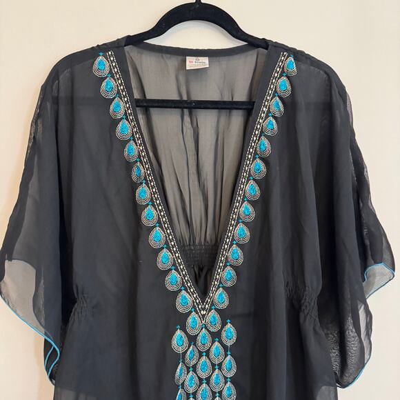 La La LeeLa Kaftan Cover Up Swimwear Dress OS Black Blue Teardrop Embroidered - Picture 3 of 8